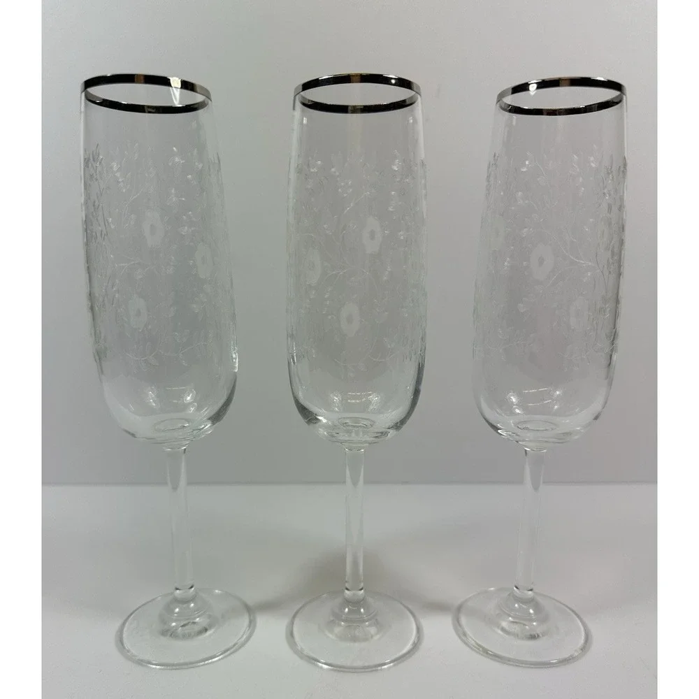 Etched Floral Champagne Glasses Platinum Silver Rim 8 1/4
